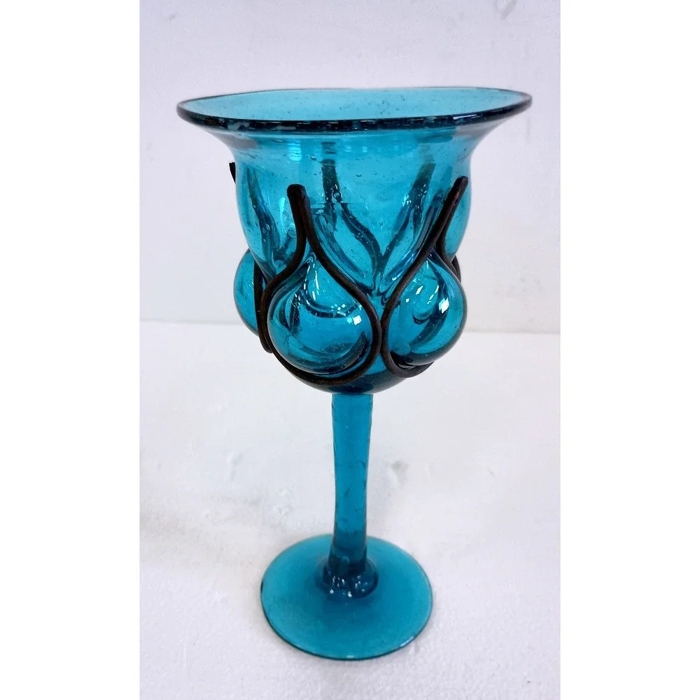 Vintage Hand Blown Glass Goblet Candle Holder Blue Wrought Iron Cage 9in